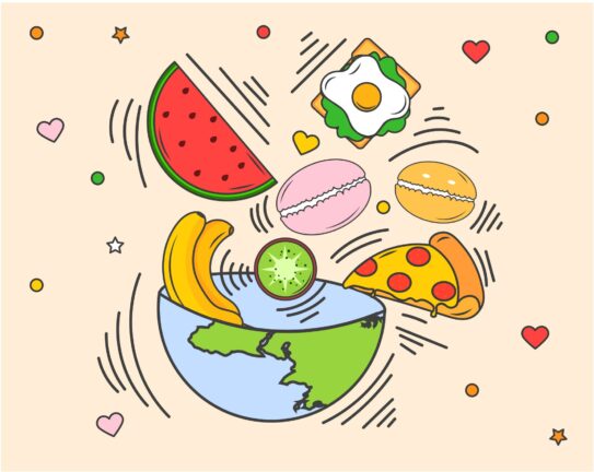 Illustration of Earth as a bowl with fruit, pizza, a sandwich, and macarons floating around it, surrounded by hearts and stars.