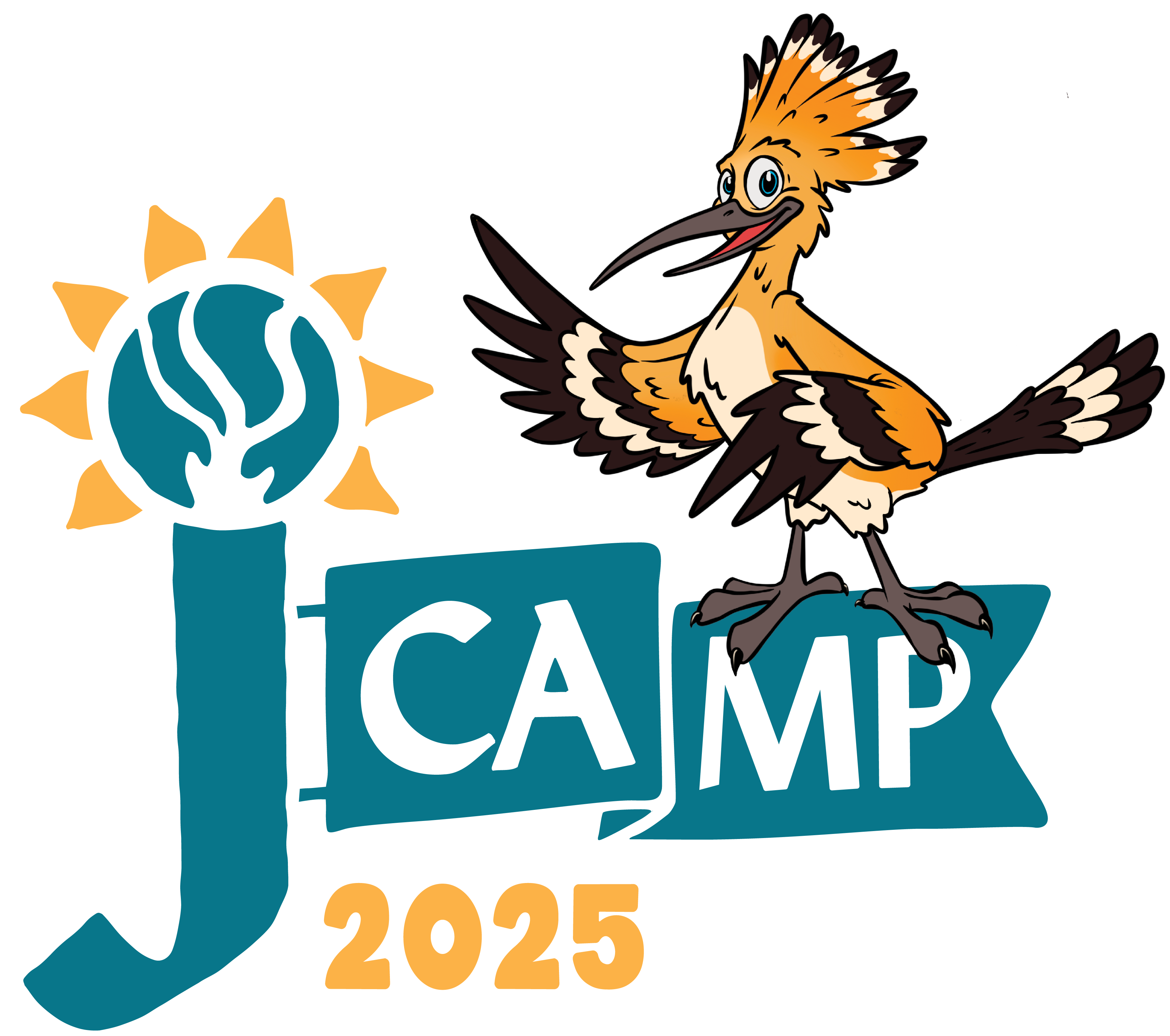 A cartoon bird with raised wings stands on a ribbon next to the text "J-CAMP 2025," with a sun design above the "J.