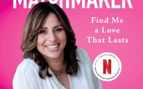 Smiling woman seated with folded arms against a pink background, wearing a white top. Text reads "Matchmaker Matchmaker: Find Me a Love That Lasts" and mentions a Netflix series.