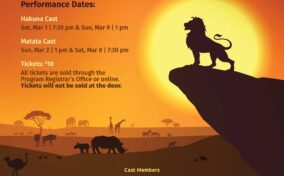 Poster for "The Lion King" by PAC. Features two casts with showtimes in March. Tickets are $10, sold in the Program Registrar's Office. Includes a list of cast members and safari animal silhouettes.