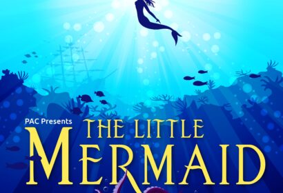 Silhouette of a mermaid swimming upward in an ocean, surrounded by sea creatures and plants. Text reads "PAC Presents The Little Mermaid.