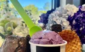 A cup of purple ice cream with a green spoon, topped with a cookie piece. A brownie and a waffle are placed beside it. Flowers and a window view are in the background.