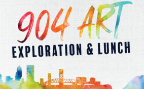 904 Art Exploration & Lunch" text with colorful watercolor city skyline illustration on white background.