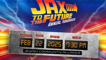 Promotional image for "Jax to the Future" annual fundraiser, February 22, 2025, 7:30 PM, hosted by Jewish Community Alliance. Futuristic design with clock and lightning graphics.