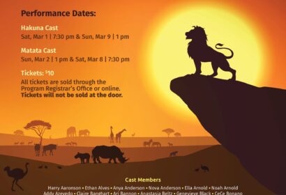 A poster for "The Lion King" play with show dates, ticket information, and a list of cast members against a savanna sunset backdrop with silhouetted animals.