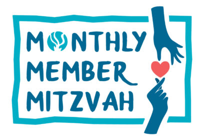 Blue text reads "Monthly Member Mitzvah" framed by a blue border, with two blue hands exchanging a red heart.