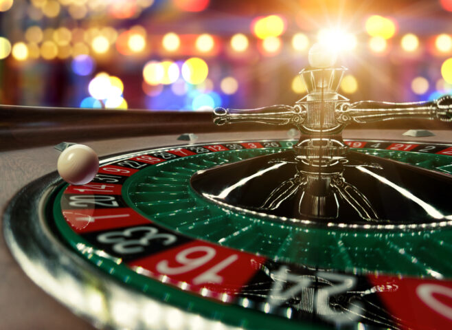 Inside of a spinning Roulette wheel close up at the Casino