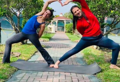 Grant and Gisela Posing for Couples Yoga