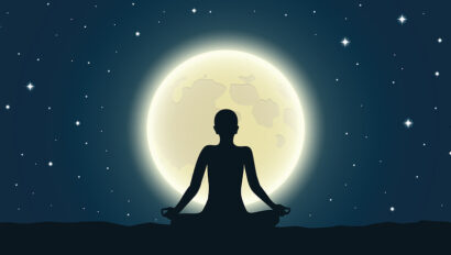 Peaceful meditation and yoga at full moon and starry sky illustration.