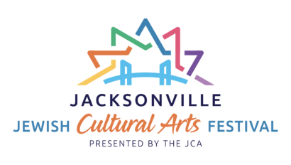 Logo for the Jacksonville Jewish Cultural Arts Festival presented by the JCA, featuring a multicolored star design and a bridge outline above the text.