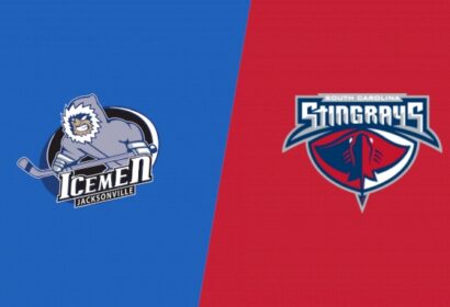 Split background with Jacksonville Icemen hockey team logo on blue left, and South Carolina Stingrays hockey team logo on red right.