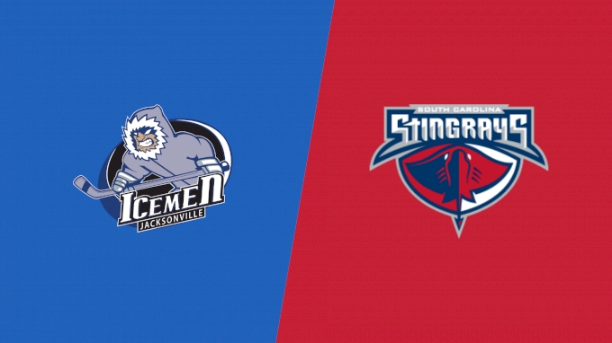 Split background with Jacksonville Icemen hockey team logo on blue left, and South Carolina Stingrays hockey team logo on red right.