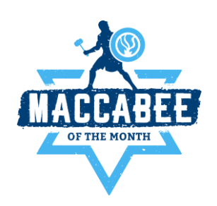Silhouette of a person with a hammer and shield on the "Maccabee of the Month" logo, featuring a blue star.