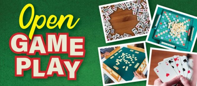 Open Game Play sign next to photos of Mahjong tiles, Scrabble board, dominos on a table, and a hand holding playing cards.