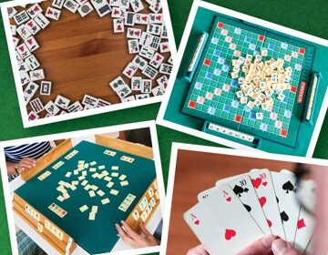 Open Game Play sign next to photos of Mahjong tiles, Scrabble board, dominos on a table, and a hand holding playing cards.