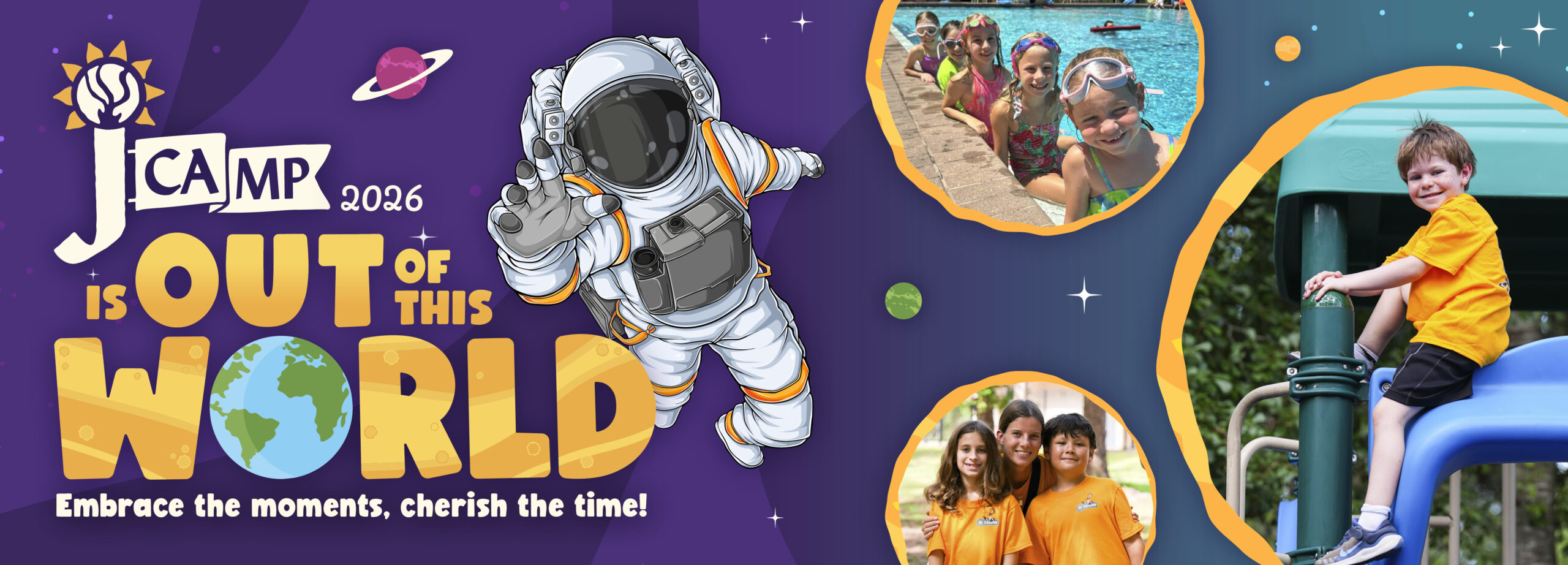 Colorful banner for JCAMP 2026 with "Out of This World" theme, featuring an astronaut and photos of kids participating in outdoor and water activities.