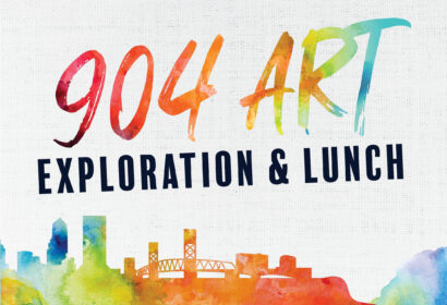 904 Art Exploration & Lunch" text with colorful watercolor city skyline illustration on white background.