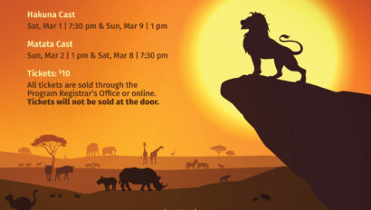 Illustrated poster for "The Lion King" musical with silhouettes of animals on a sunset background. Details include performance dates, times, ticket prices, and a list of cast members.