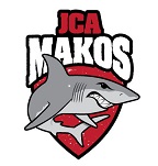 Logo of "JCA Makos" featuring a stylized, grinning shark in front of a red shield.