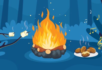 image of a bonfire with marshmallows, potatoes, and trees