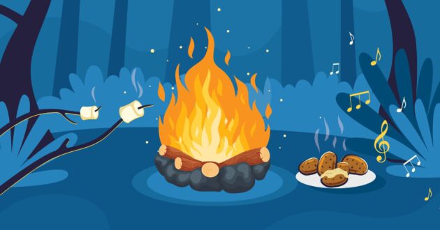image of a bonfire with marshmallows, potatoes, and trees