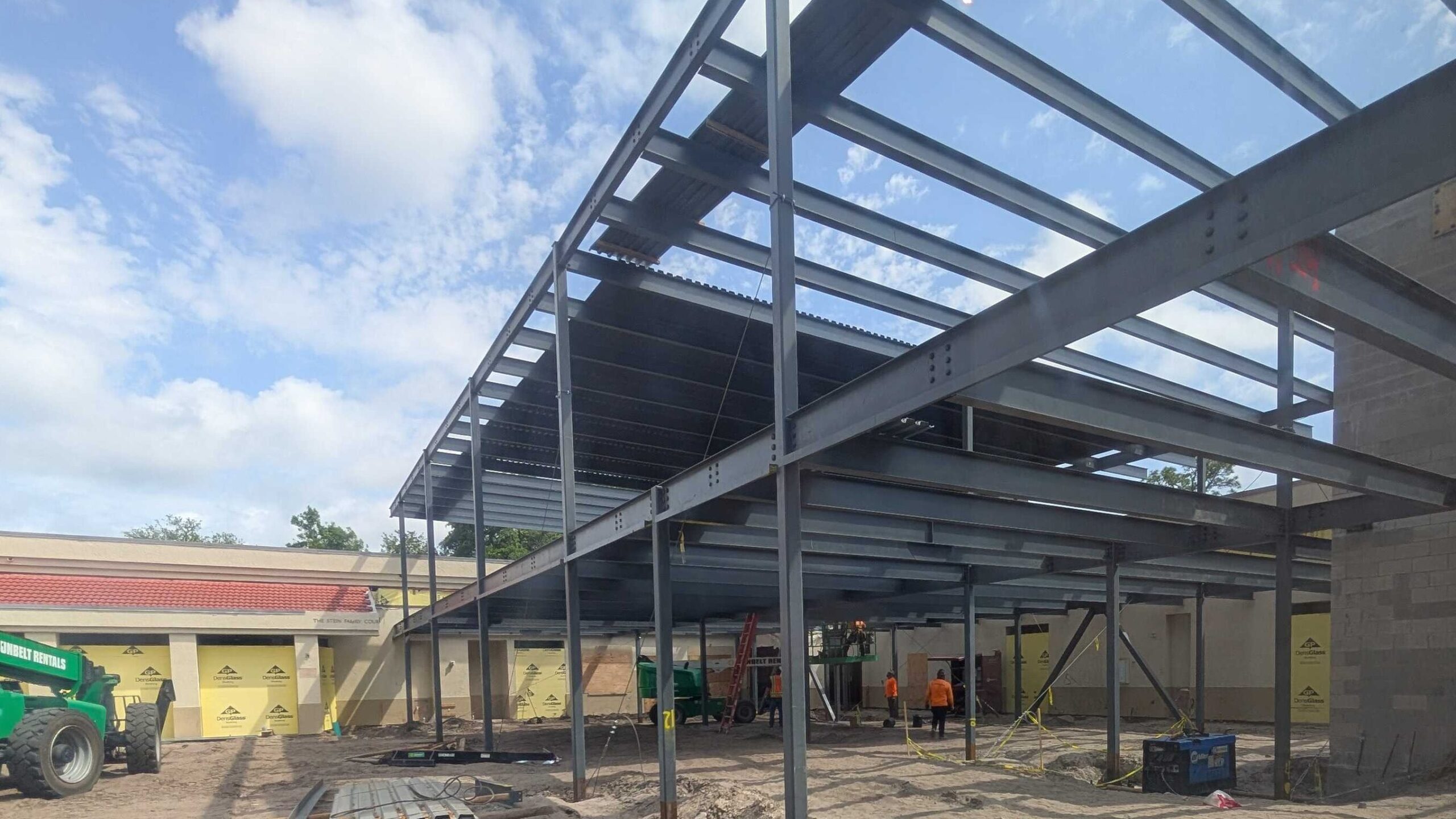 A construction site with steel framework for a new building, workers in safety gear, equipment, and dirt ground under a partly cloudy sky.