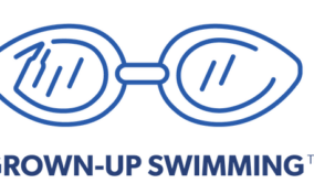 Blue outline drawing of swim goggles above the text "GROWN-UP SWIMMING™" in capital letters.