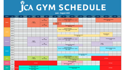 A detailed gym schedule for JCA from June to August 2025, showing various activities and classes organized by day, time, and gym court.
