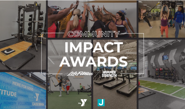 A collage of gym scenes with people exercising, fitness equipment, and treadmills. Text overlay reads "Community Impact Awards" with Life Fitness and Hammer Strength logos.