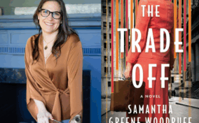 A woman with glasses and a brown blouse smiles next to the book cover of "The Trade Off" by Samantha Greene Woodruff, featuring a woman in a red coat standing in a city.
