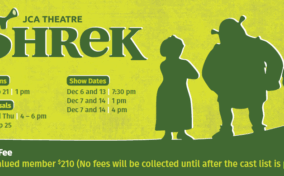 Silhouettes of Shrek, Fiona, and Donkey promote JCA Theatre's Shrek production with audition, rehearsal, show dates, and recital fee details on a green background.
