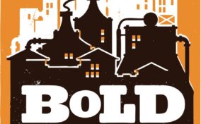 Logo for Bold City Brewery featuring a city skyline, brewery equipment silhouettes, and an orange background with white stars. The word "BREWERY" is on a gold banner at the bottom.