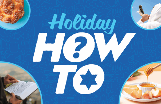 Blue graphic with the text "Holiday How To." Surrounding images show challah bread, prayer, reading, and apples with honey. Jewish symbols appear faintly in the background.