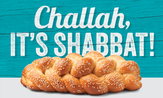 A braided loaf of challah bread sits in front of a turquoise background with the text "Challah, It's Shabbat!" in bold white letters.