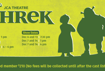 Green promotional poster for JCA Theatre’s "Shrek" show with silhouettes of three characters, audition dates, rehearsal times, show dates, and recital fee details.