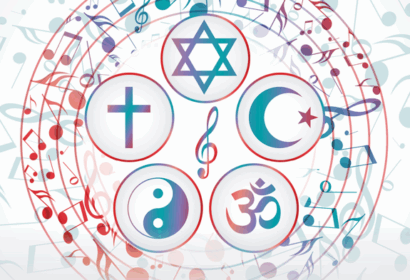 Five religious symbols—Star of David, Christian cross, Islamic crescent, Yin-Yang, and Om—surrounded by musical notes and staves in a circular pattern.