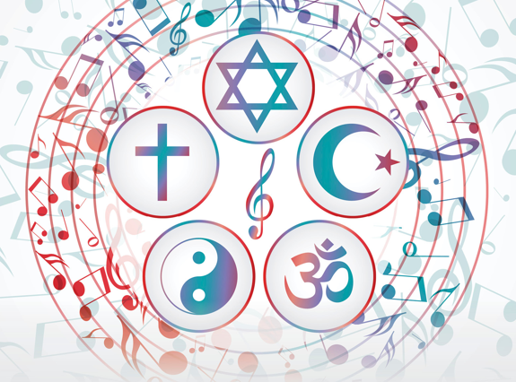 Five religious symbols—Star of David, Christian cross, Islamic crescent, Yin-Yang, and Om—surrounded by musical notes and staves in a circular pattern.