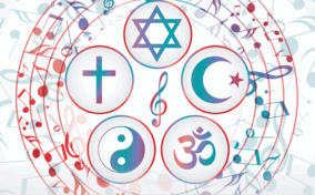 Five religious symbols (Star of David, Christian cross, Islamic crescent, Yin-Yang, Om) surround a treble clef, with colorful musical notes in the background.