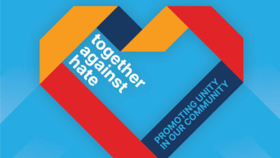 Heart-shaped graphic with colorful geometric bands, reads "together against hate" and "promoting unity in our community." Presented by JCA and the Y logos on a blue background.