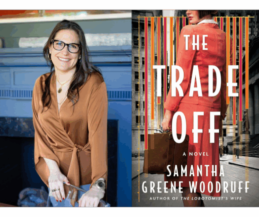 A woman in glasses and a brown blouse smiles beside the cover of a novel titled "The Trade Off" by Samantha Greene Woodruff.
