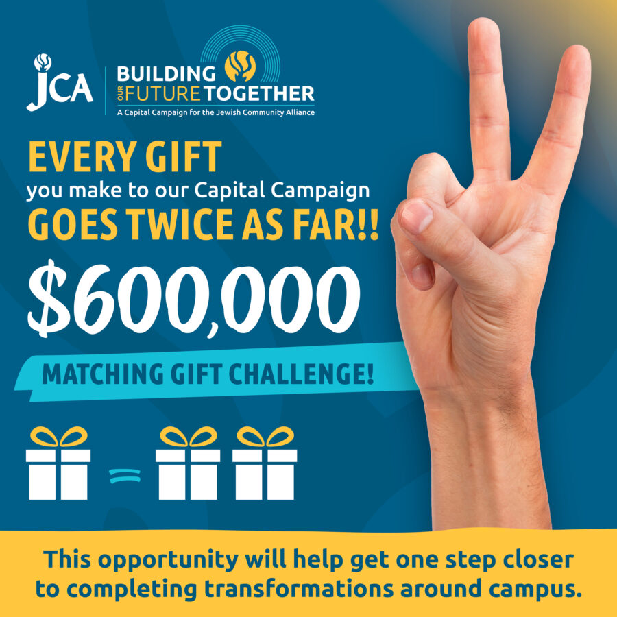 A hand shows three fingers against a blue and yellow background with text about a $600,000 matching gift challenge for a capital campaign.