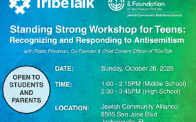 Flyer for a “Standing Strong Workshop for Teens” on recognizing and responding to antisemitism, held October 26, 2025, at the Jewish Community Alliance, open to students and parents.