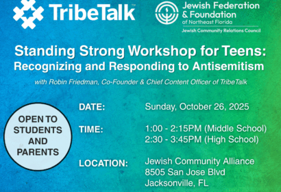 Flyer for a “Standing Strong Workshop for Teens” on recognizing and responding to antisemitism, held October 26, 2025, at the Jewish Community Alliance, open to students and parents.