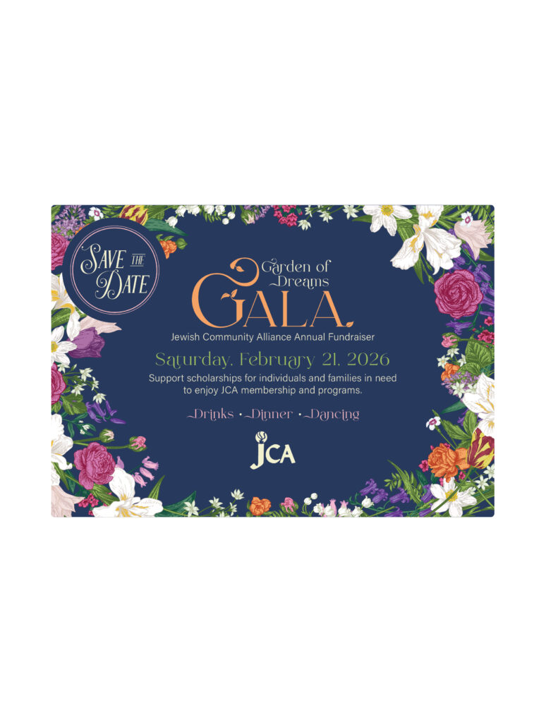 A "Save the Date" invitation for the Garden of Dreams Gala by JCA on February 21, 2026, featuring floral borders and event details for a fundraiser with drinks, dinner, and dancing.