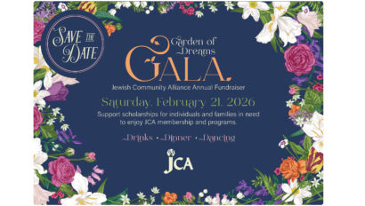 A floral-bordered invitation for the Jewish Community Alliance Gala on February 21, 2026, with event details and “Save the Date” text.