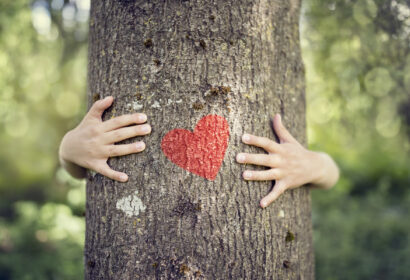 A person hugs a tree with both arms; a red heart is painted on the tree trunk. The background is green and blurred.