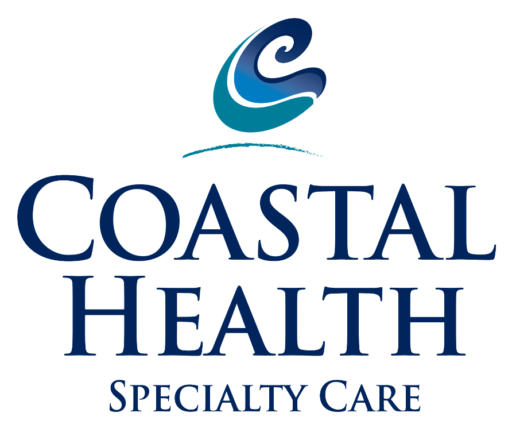 Logo for Coastal Health Specialty Care, featuring a stylized wave above the company name in bold blue letters.