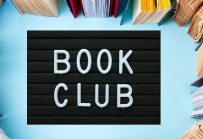 A black letterboard with "BOOK CLUB" in white letters is surrounded by open books arranged in a circle on a blue background.