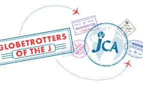 A globe with "JCA" text, surrounded by passport stamps from various cities and red airplanes, with a large "Globetrotters of the J" stamp on the left.