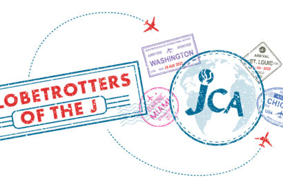 A globe with "JCA" text, surrounded by passport stamps from various cities and red airplanes, with a large "Globetrotters of the J" stamp on the left.